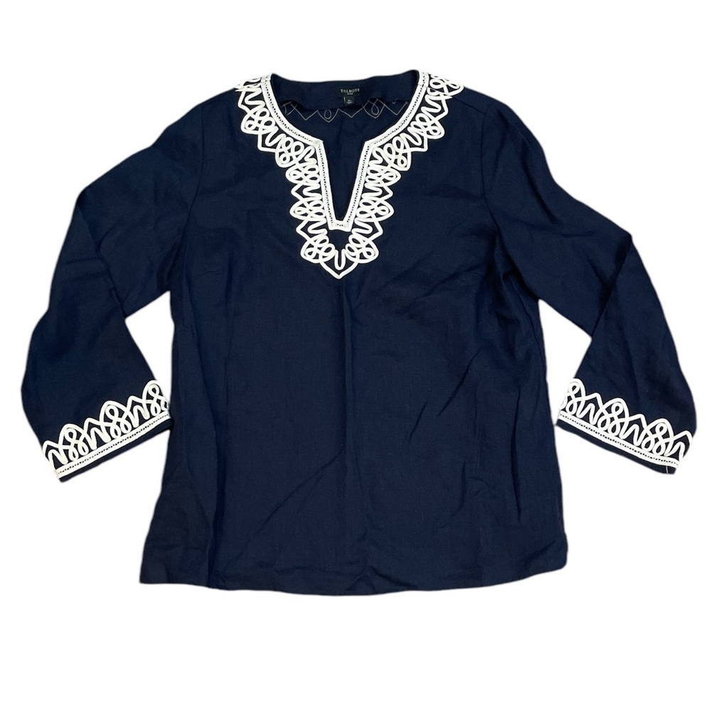 Talbots Petites Linen Embroidered Tunic Split Neck Navy White Size Small Petite